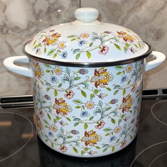 Minton Haddon Hall 8QT Large White Enamel Floral Stock Pot with Lid - Picture 1 of 10